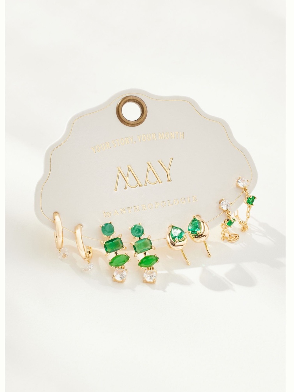 Anthropologie 14KT Gold Plated Birthstone Earrings Birthday May Emerald New Set